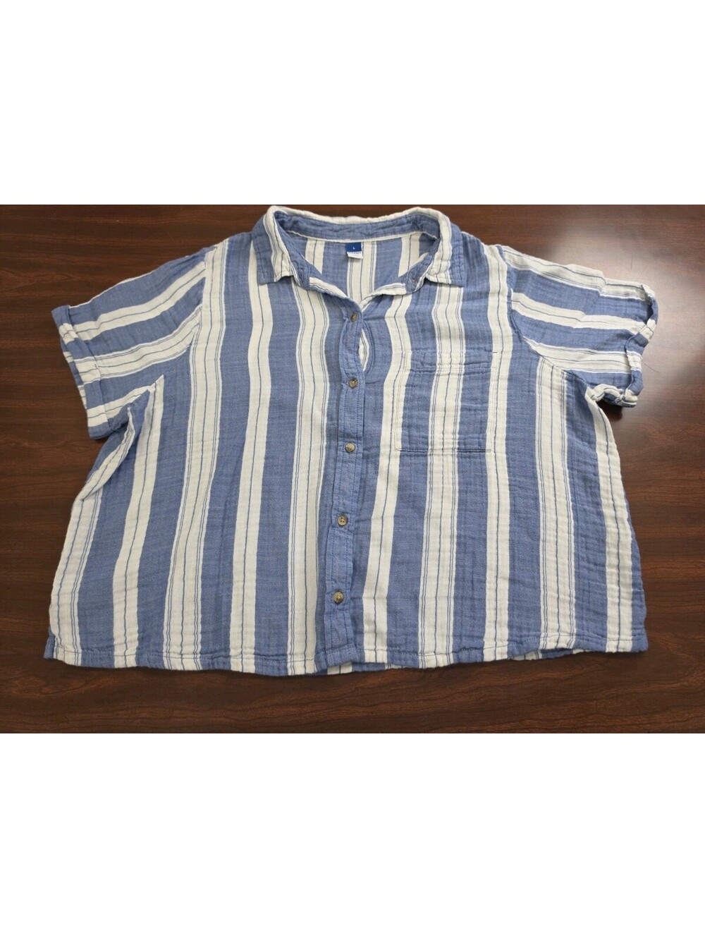 Old Navy Large 100% Cotton Gauze Blue White Stripe Short Sleeve Button Down